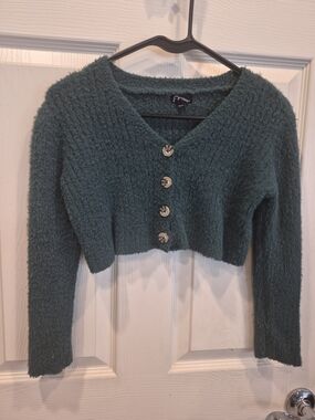 5/25 art class Dark Green Fuzzy Cropped V-Neck Button Sweater